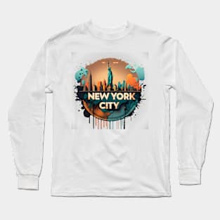 new york city liberty sunset retro Long Sleeve T-Shirt